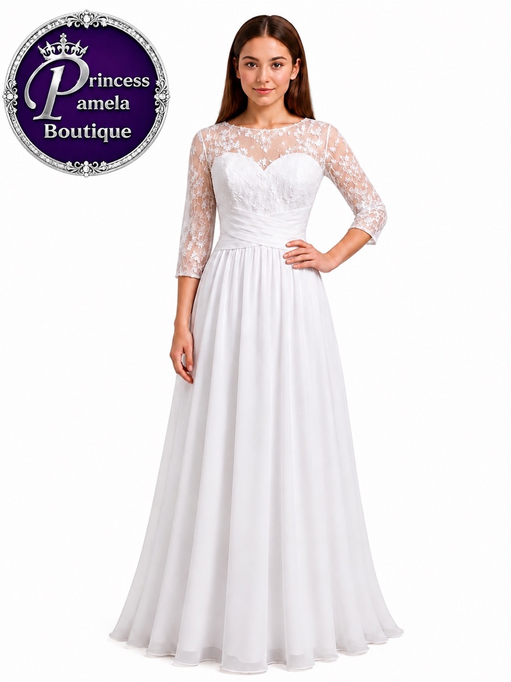 #18-13 White A-line sequins floral lace scoop neckline chiffon gown-Large -12